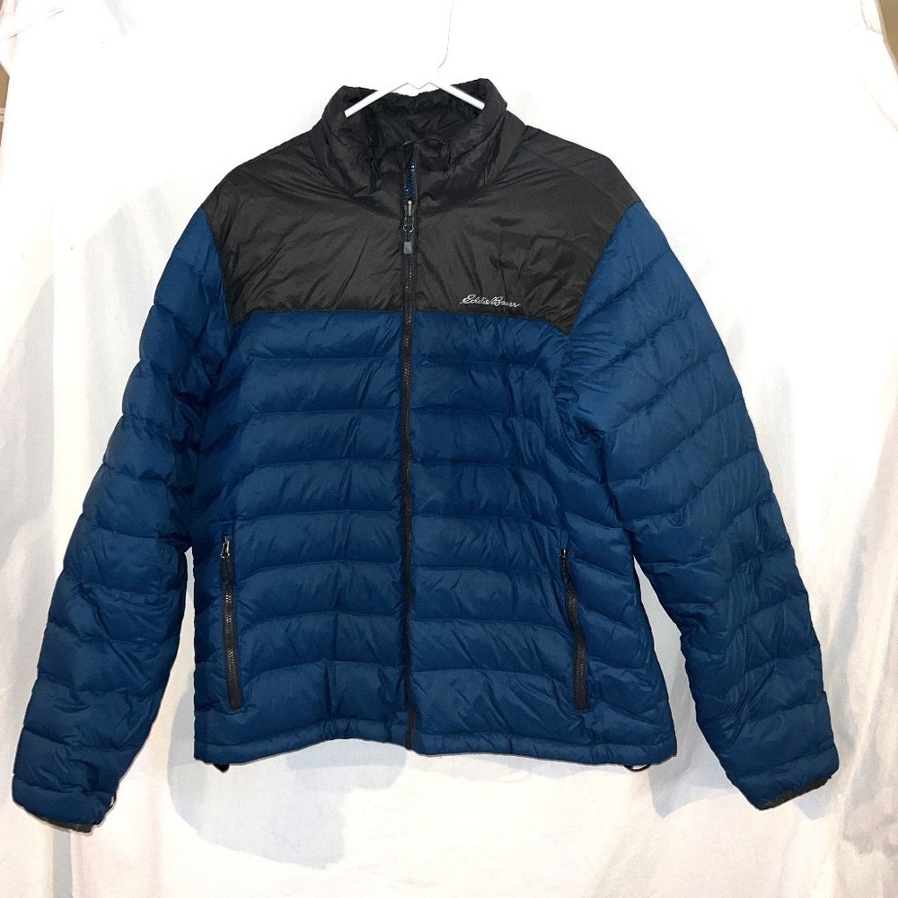 Men's Eddie Bauer Down Puffer Jacket Blue/Black Coat Large EUC